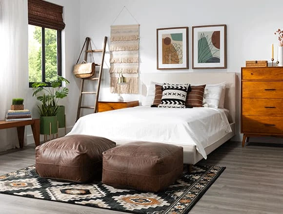 Boho Bedroom With Dean Sand Queen Upholstered Bed