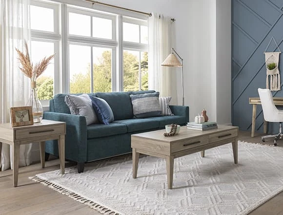 Coastal Living Room With Mikayla Teal 70" Queen Sofa Sleeper