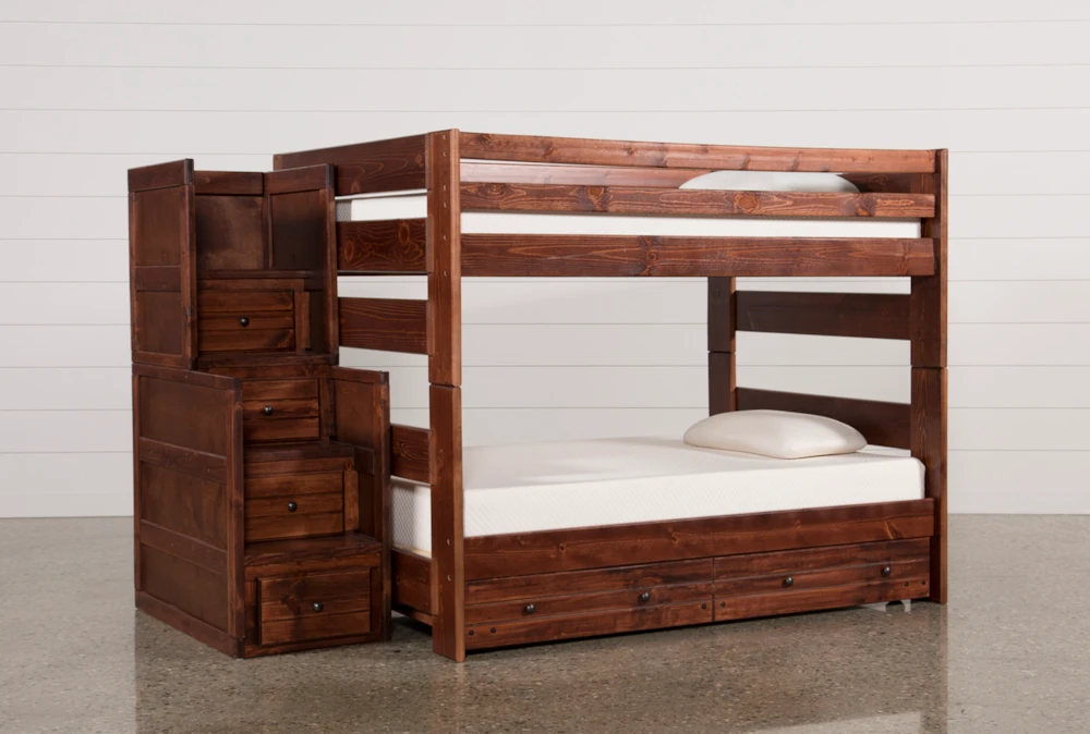 Sedona Full Over Full Wood Bunk Bed With Trundle/Mattress & Stairway Chest