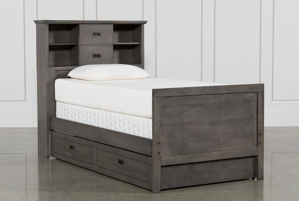 Owen Grey Twin Wood Bookcase Bed With Trundle Storage