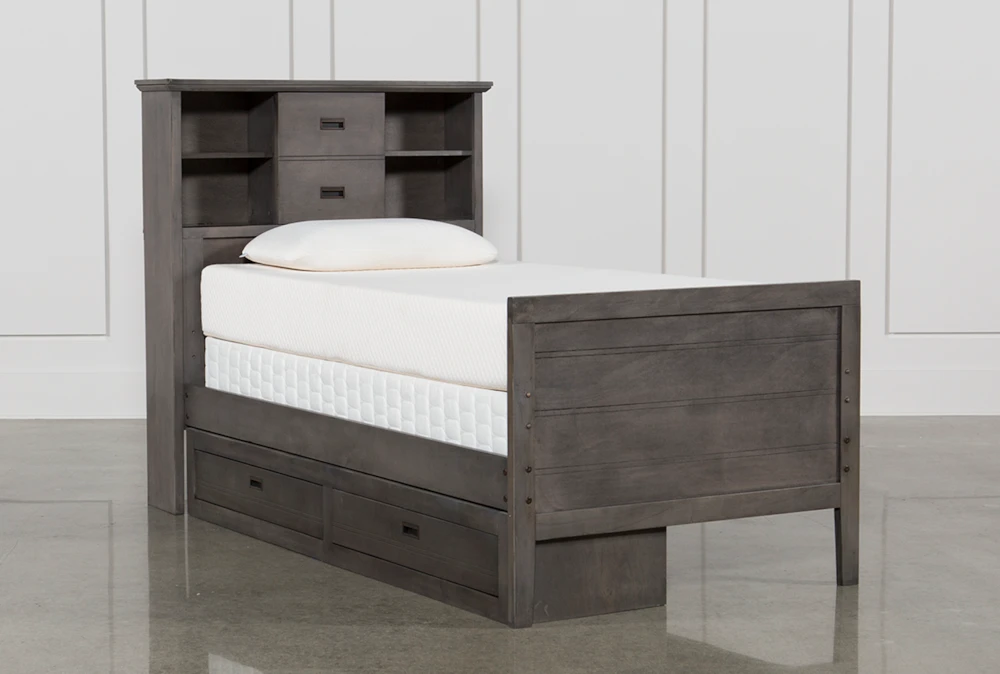 Owen Grey Twin Wood Bookcase Bed With Single 2-Drawer Storage Unit