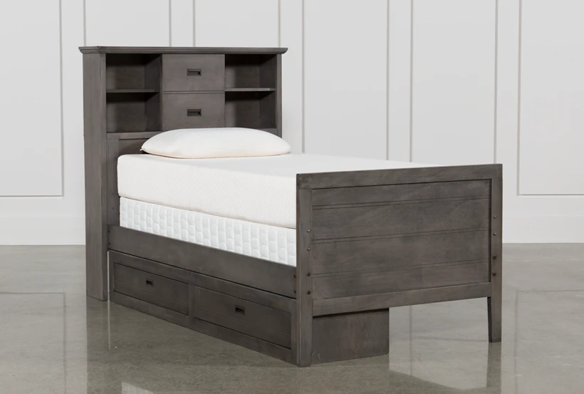 Owen Grey Twin Wood Bookcase Bed With Single 2-Drawer Storage Unit - 360
