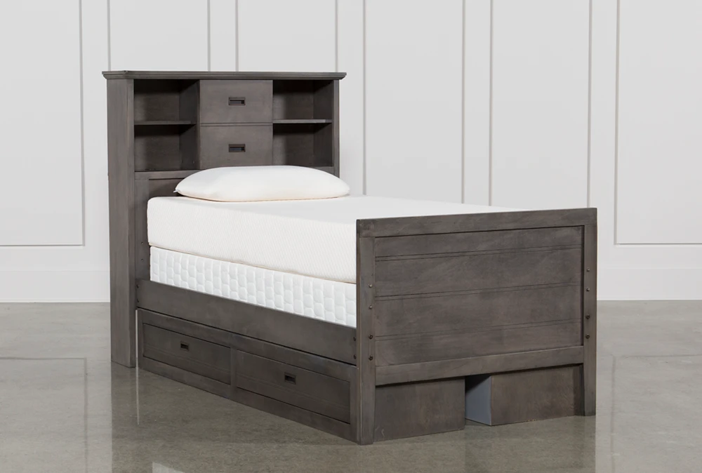 Owen Grey Twin Wood Bookcase Bed With Double 2-Drawer Storage Unit