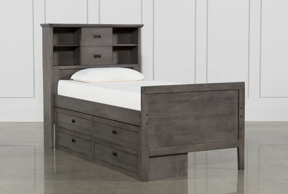 Owen Grey Twin Wood Bookcase Bed With Single 4-Drawer Storage Unit