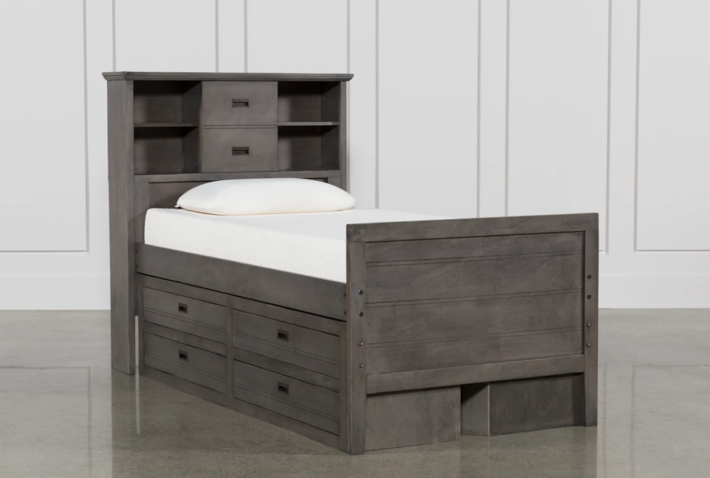 Owen Grey Twin Wood Bookcase Bed With Double 4-Drawer Storage Unit