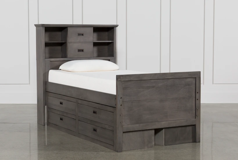 Owen Grey Twin Wood Bookcase Bed With Double 4-Drawer Storage Unit - 360