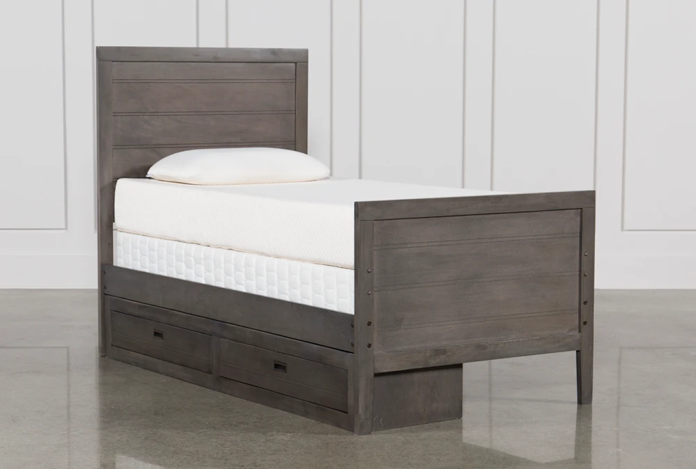 Owen Grey Twin Wood Panel Bed With Single 2-Drawer Storage Unit