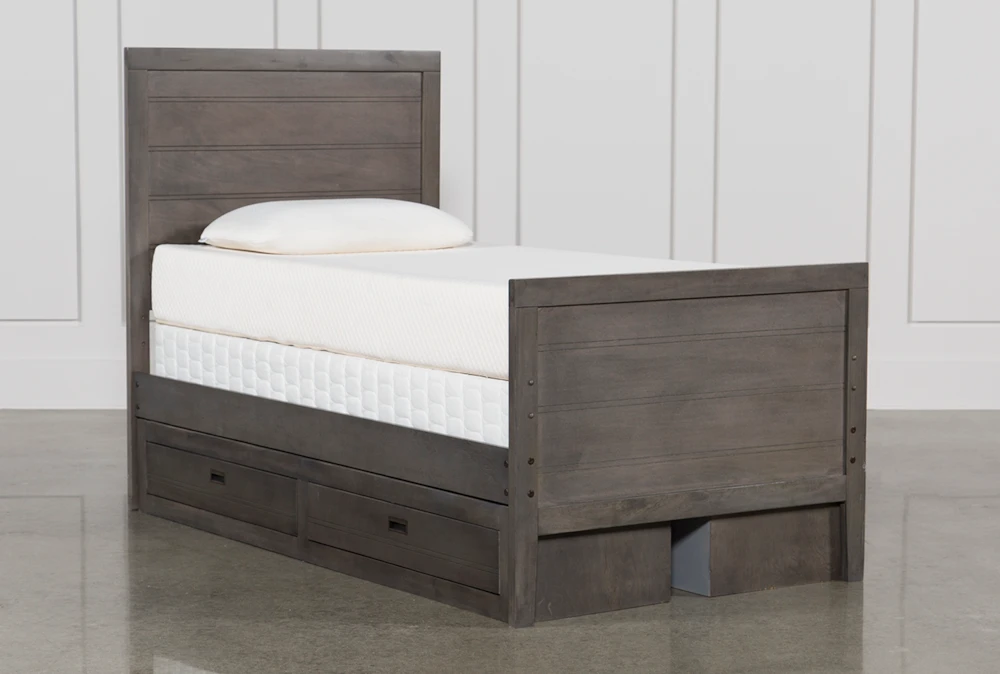 Owen Grey Twin Wood Panel Bed With Double 2-Drawer Storage Unit