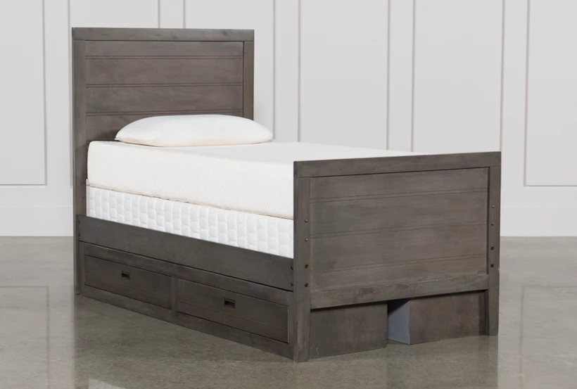 Owen Grey Twin Wood Panel Bed With Double 2-Drawer Storage Unit - 360