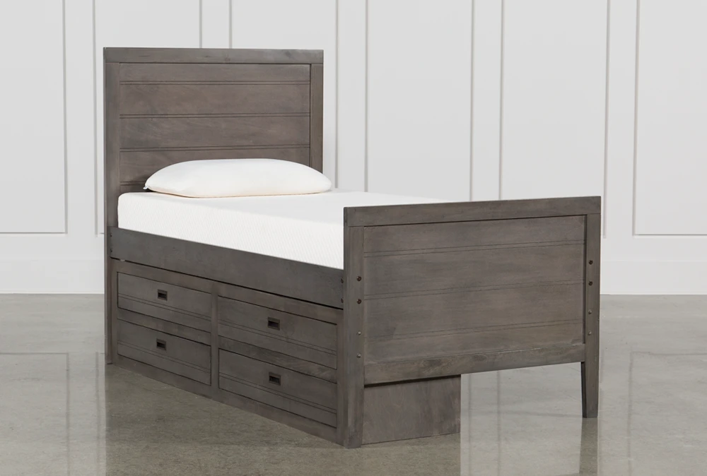 Owen Grey Twin Wood Panel Bed With Single 4-Drawer Storage Unit