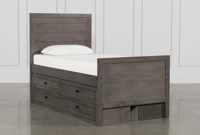 Owen Grey Twin Wood Panel Bed With Double 4-Drawer Storage Unit - 360
