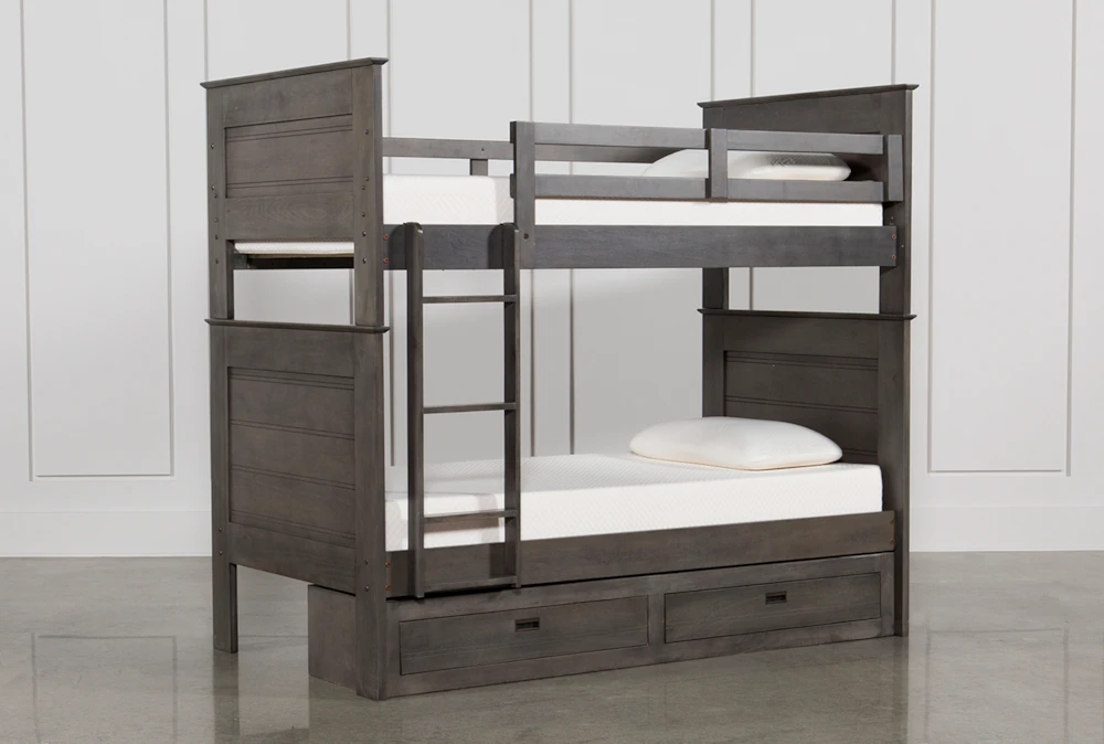 Owen Grey Twin Over Twin Wood Bunk Bed With 2-Drawer Storage Unit