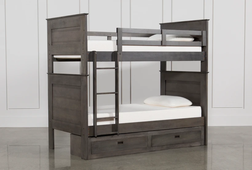 Owen Grey Twin Over Twin Wood Bunk Bed With 2-Drawer Storage Unit - 360