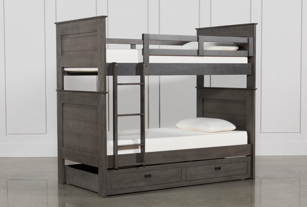 Owen Grey Twin Over Twin Wood Bunk Bed With Storage Trundle