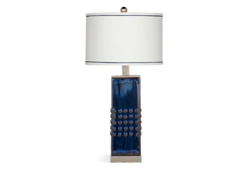 31 Inch Blue Modern Textured Table Lamp With Banded Shade - 360