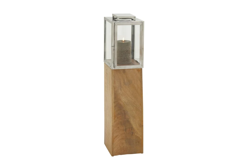 36 Inch Wood And Silver Metal Lantern