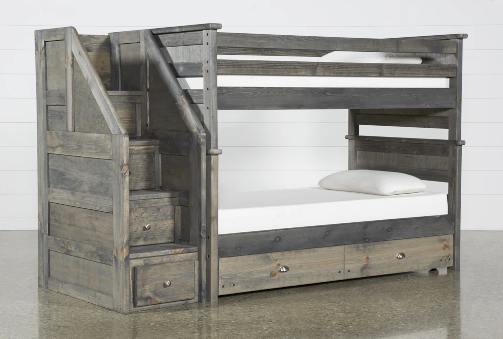 Summit Grey Twin Over Twin Wood Bunk With Trundle/Mattress & Stairway