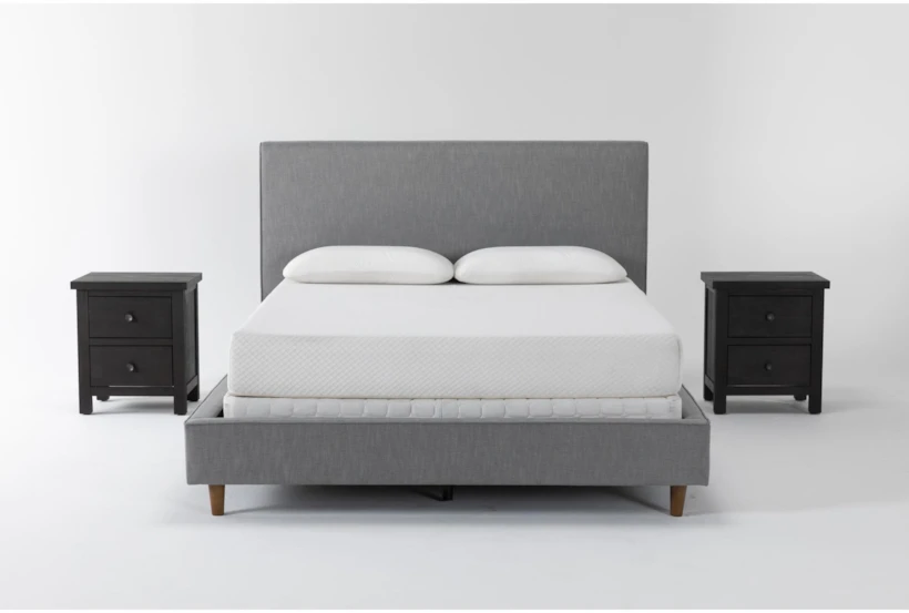 Dean Charcoal California King Upholstered 3 Piece Bedroom Set With 2 Larkin Espresso Nightstands - 360
