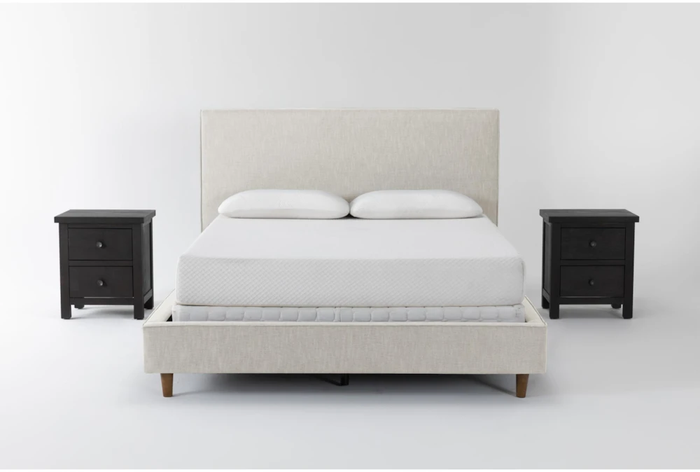 Dean Sand California King Upholstered 3 Piece Bedroom Set With 2 Larkin Espresso Nightstands