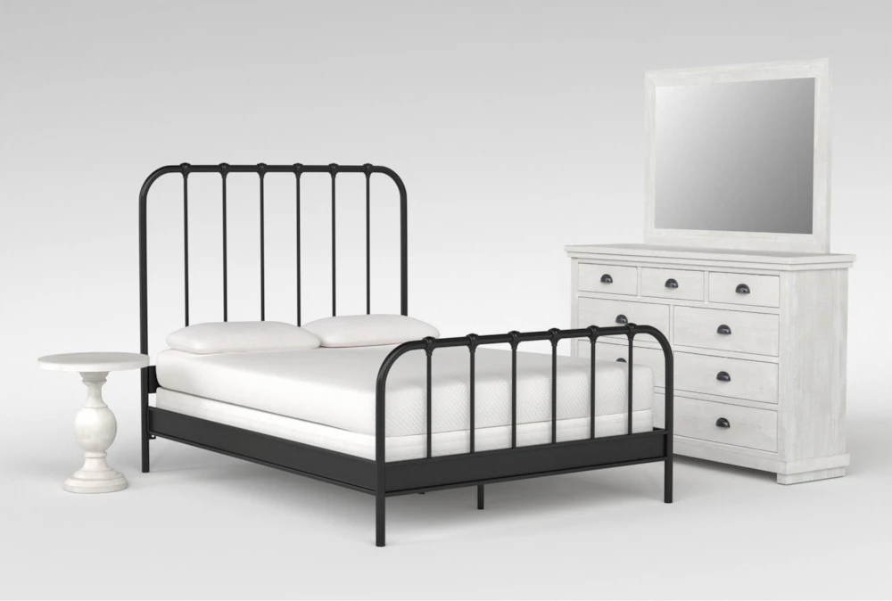 Knox King Metal 4 Piece Bedroom Set With Sinclair Pebble Dresser, Mirror + Bedside Table