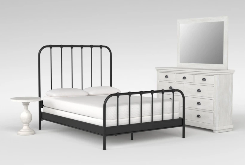 Knox King Metal 4 Piece Bedroom Set With Sinclair Pebble Dresser, Mirror + Bedside Table - 360