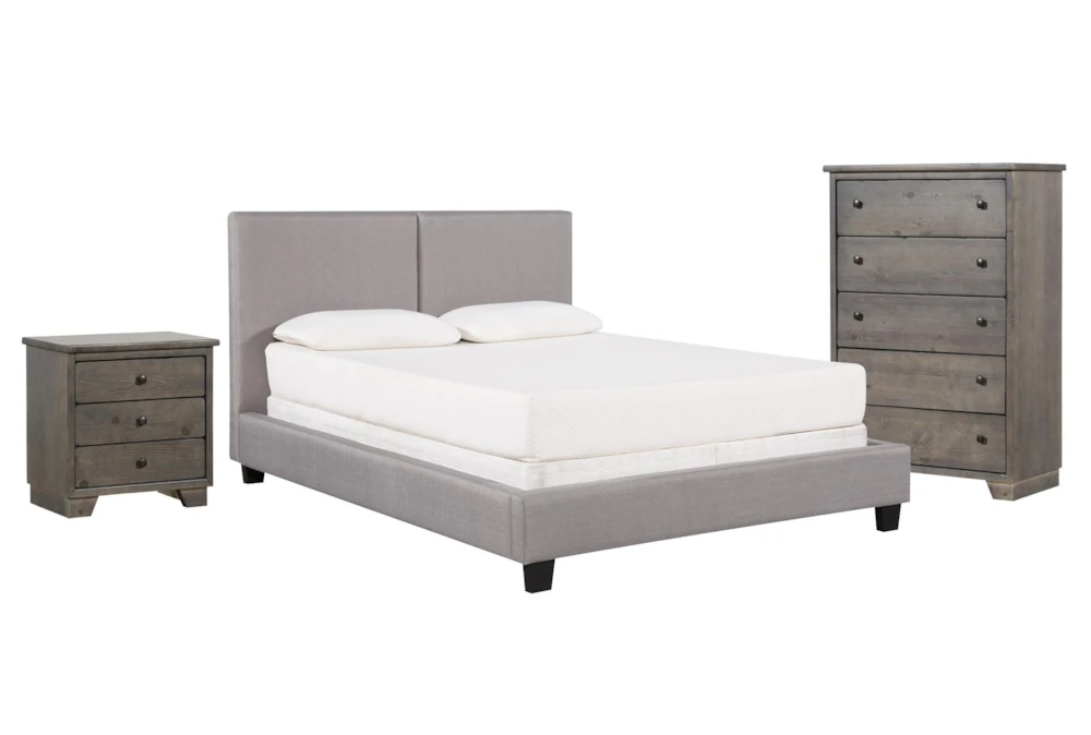 Rylee Grey California King Upholstered Panel 3 Piece Bedroom Set With Marco Charcoal Chest Of Drawers + Nightstand