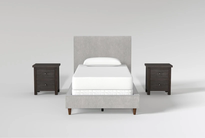 Dean Charcoal Twin Upholstered Panel 3 Piece Bedroom Set With 2 Larkin Espresso Nightstands - 360