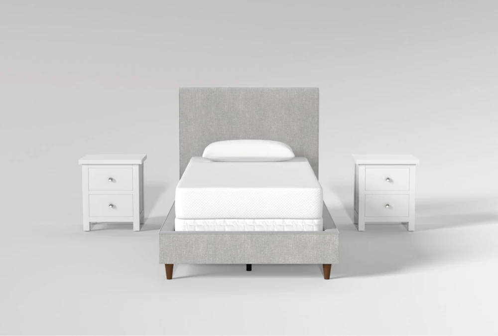 Dean Charcoal Twin Upholstered Panel 3 Piece Bedroom Set With 2 Larkin White Nightstands