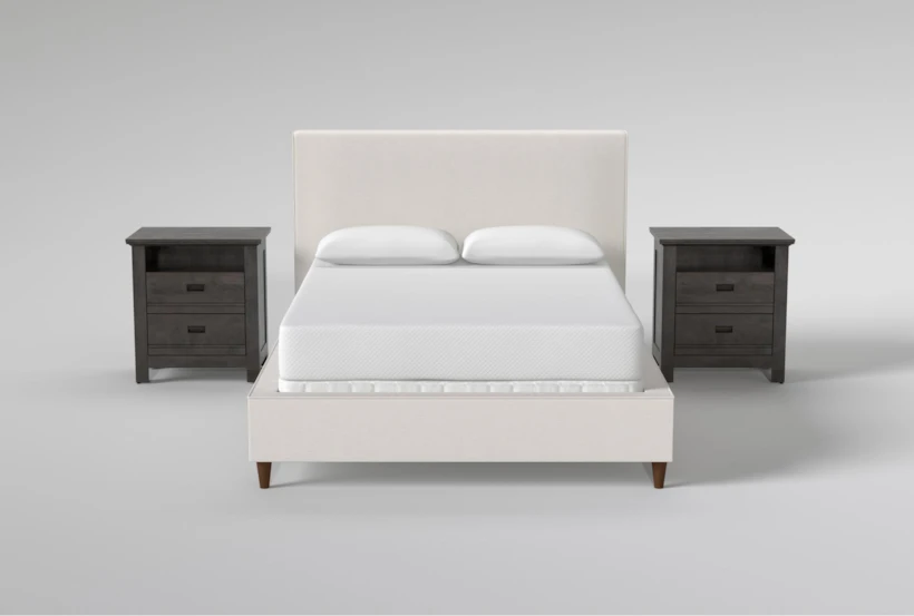 Dean Sand Full Upholstered Panel 3 Piece Bedroom Set With 2 Owen Grey Nightstands - 360