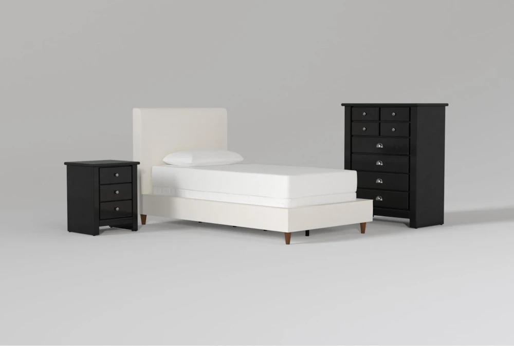 Dean Sand Twin Upholstered Panel 3 Piece Bedroom Set With Summit Black Chest Of Drawers + Nightstand