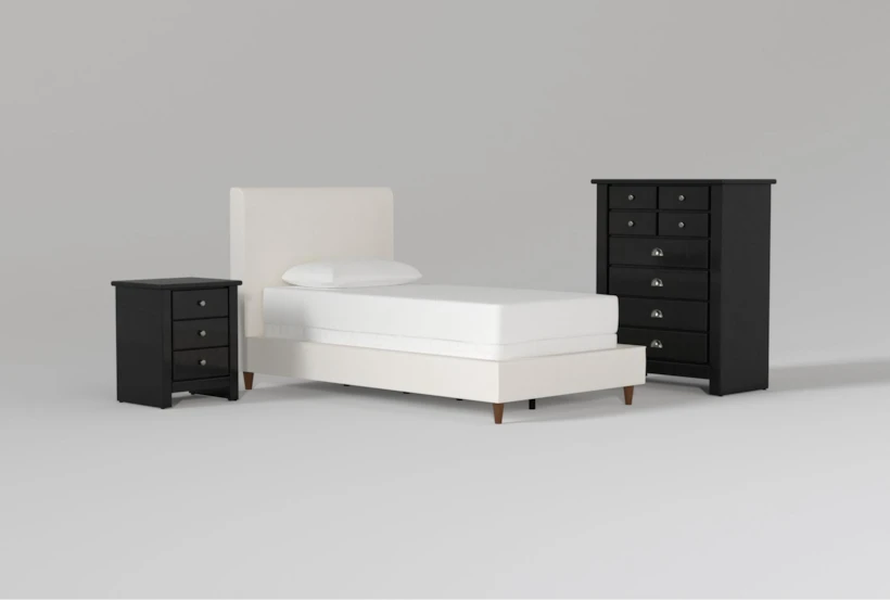 Dean Sand Twin Upholstered Panel 3 Piece Bedroom Set With Summit Black Chest Of Drawers + Nightstand - 360