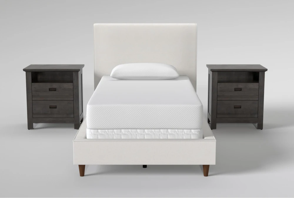 Dean Sand Twin Upholstered Panel 3 Piece Bedroom Set With 2 Owen Grey Nightstands