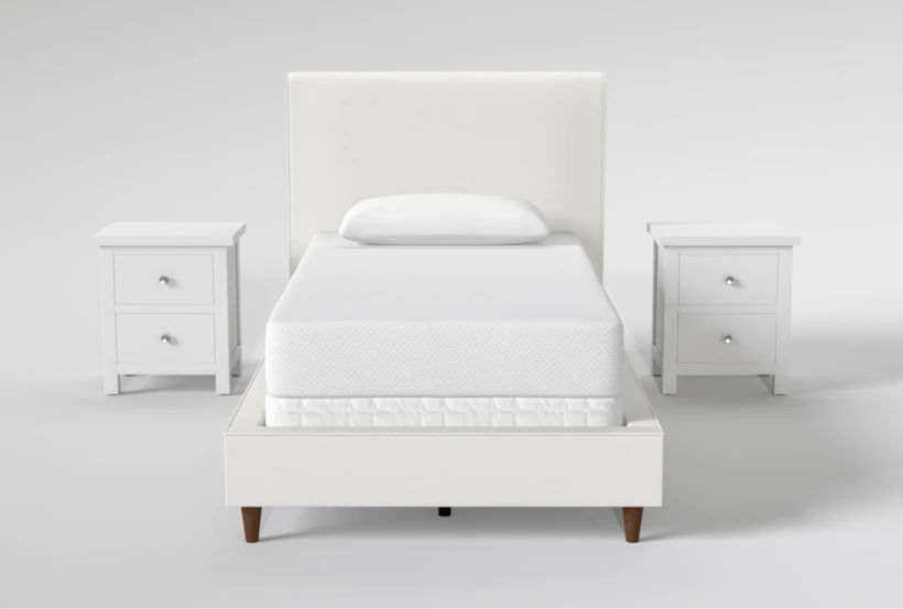 Dean Sand Twin Upholstered Panel 3 Piece Bedroom Set With 2 Larkin White Nightstands - 360