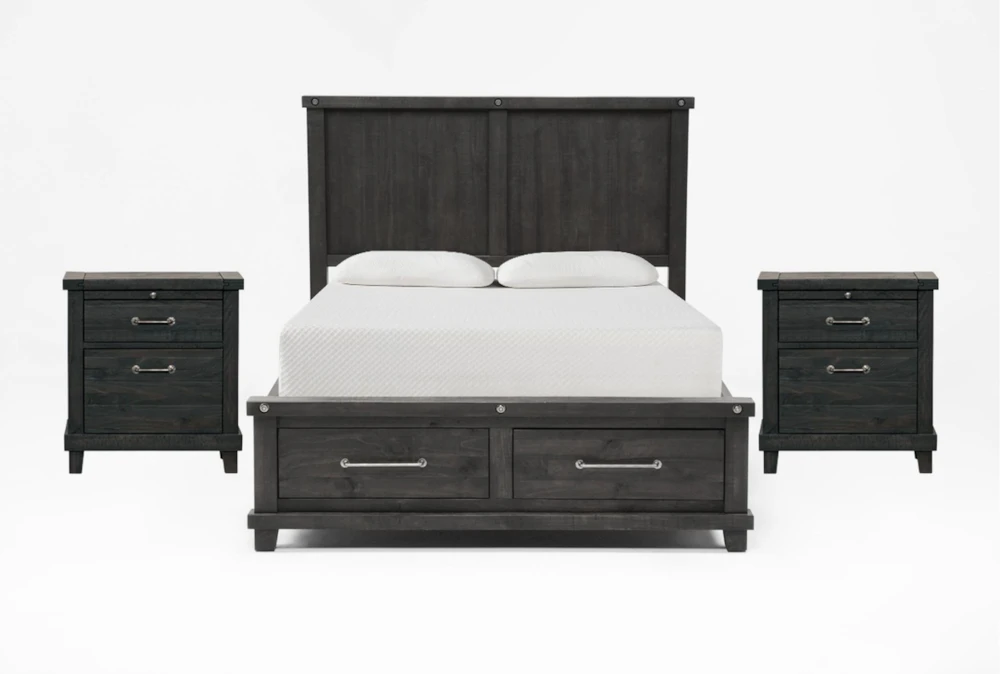 Jaxon Espresso Full Wood Storage 3 Piece Bedroom Set With 2 Nightstands