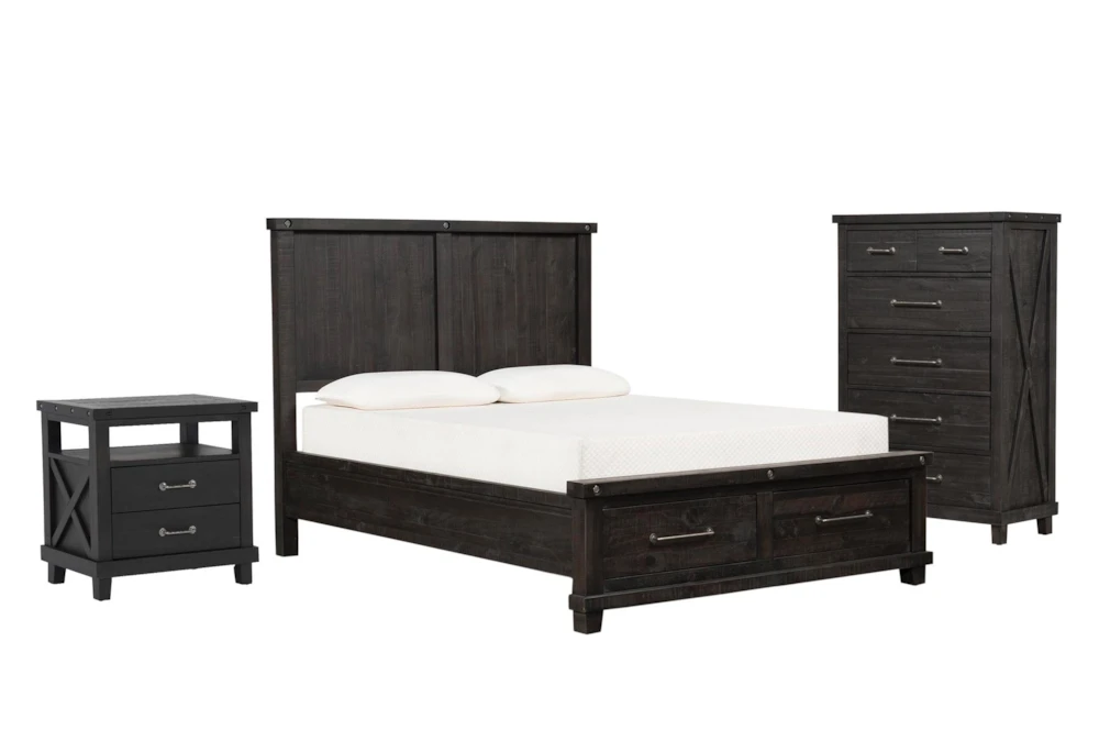 Jaxon Espresso Full Wood Storage 3 Piece Bedroom Set With Open Nightstand