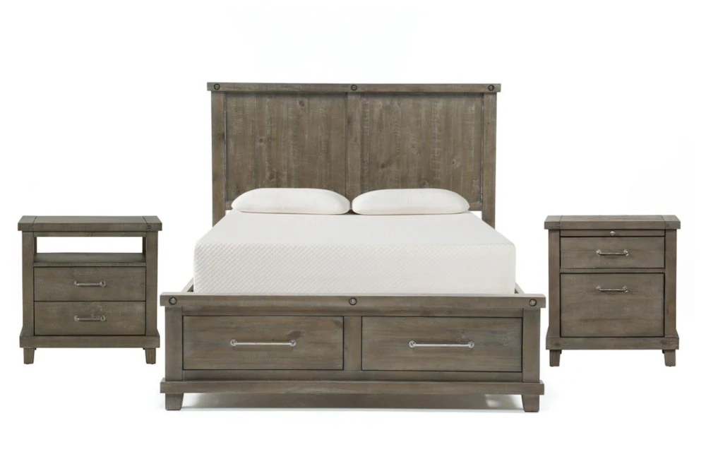 Jaxon Grey King Wood Storage 3 Piece Bedroom Set With Nightstand & Open Nightstand