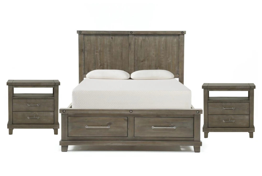 Jaxon Grey Queen Wood Storage 3 Piece Bedroom Set With 2 Open Nightstands