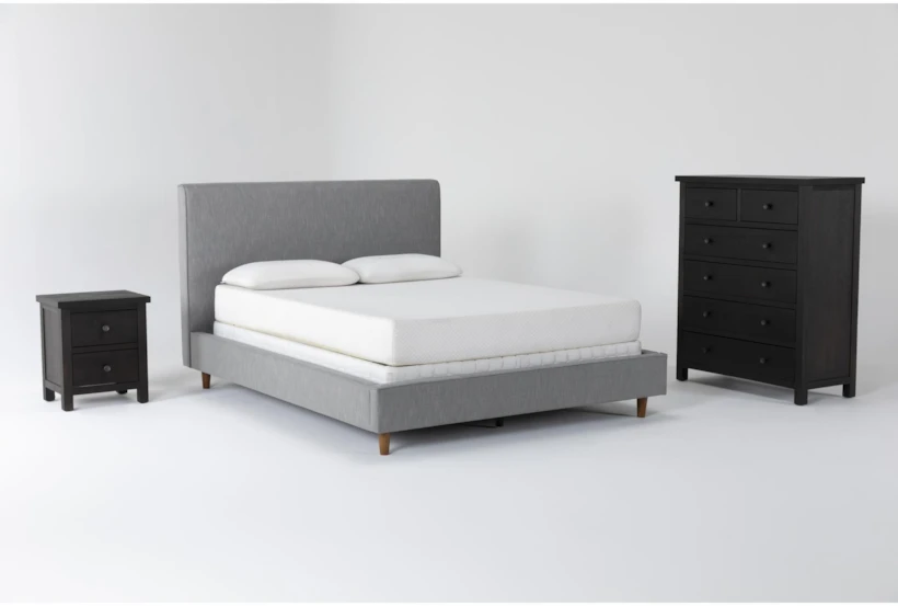 Dean Charcoal California King Upholstered 3 Piece Bedroom Set With Larkin Espresso II Chest & Nightstand - 360
