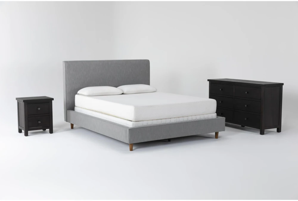 Dean Charcoal King Upholstered 3 Piece Bedroom Set With Larkin Espresso II Dresser & Nightstand