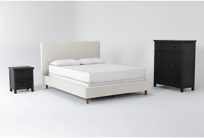Dean Sand California King Upholstered 3 Piece Bedroom Set With Larkin Espresso II Chest & Nightstand - 360