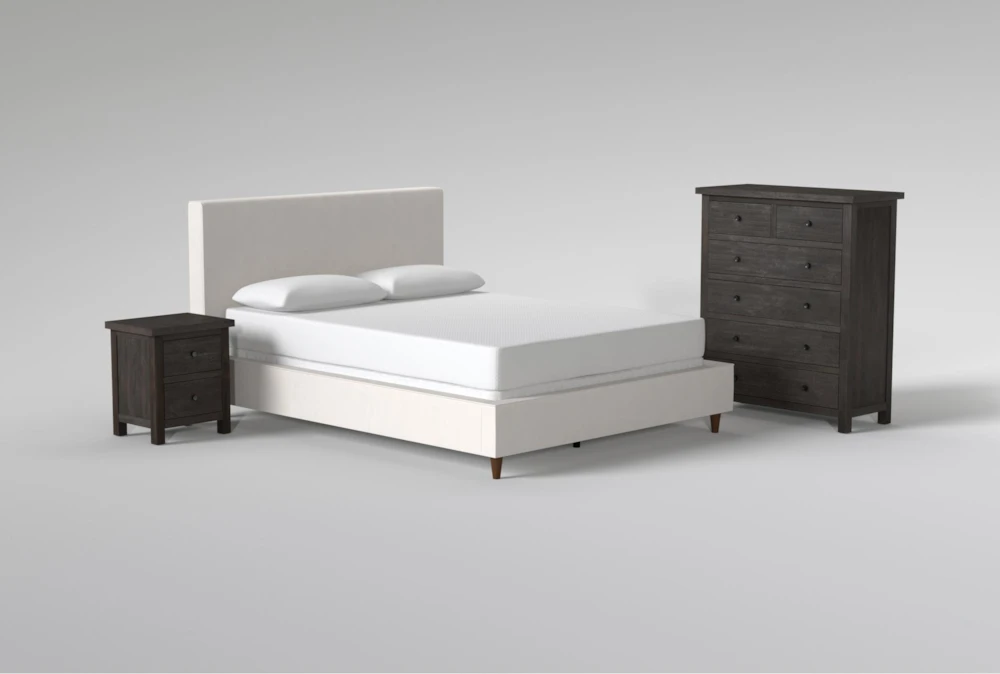 Dean Sand Queen Upholstered 3 Piece Bedroom Set With Larkin Espresso II Chest & Nightstand