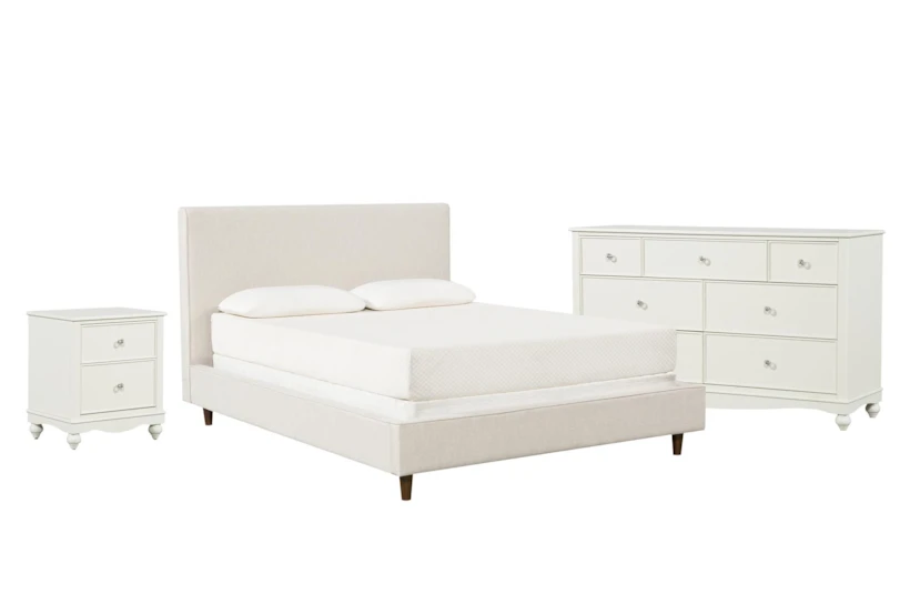 Dean Sand Full Upholstered 3 Piece Bedroom Set With Madison White II Dresser & 2 Drawer Nightstand - 360