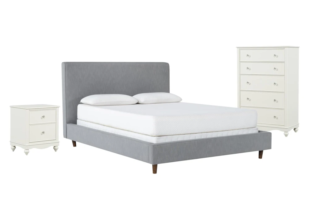 Dean Charcoal Full Upholstered 3 Piece Bedroom Set With Madison White II Chest & 2 Drawer Nightstand