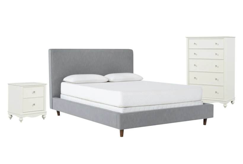 Dean Charcoal Full Upholstered 3 Piece Bedroom Set With Madison White II Chest & 2 Drawer Nightstand - 360