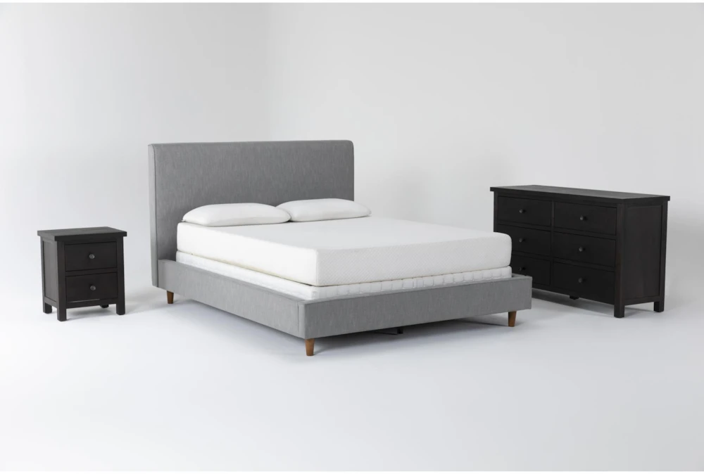 Dean Charcoal California King Upholstered 3 Piece Bedroom Set With Larkin Espresso II Dresser & Nightstand