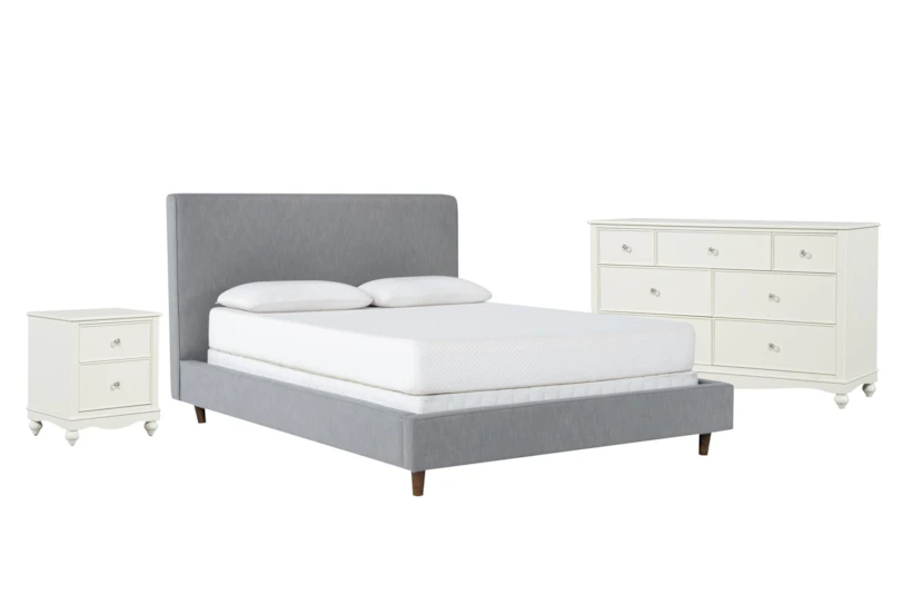 Dean Charcoal Full Upholstered 3 Piece Bedroom Set With Madison White II Dresser & 2 Drawer Nightstand - 360