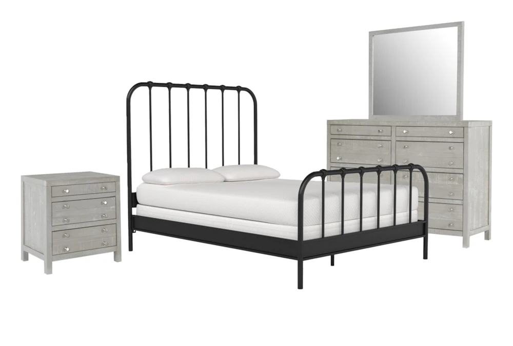 Knox Queen Metal 4 Piece Bedroom Set With Rowan Mineral II Dresser, Mirror & Nightstand