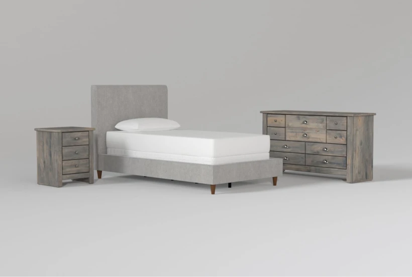 Dean Charcoal Twin Upholstered Panel 3 Piece Bedroom Set With Summit Grey II Dresser & Nightstand - 360