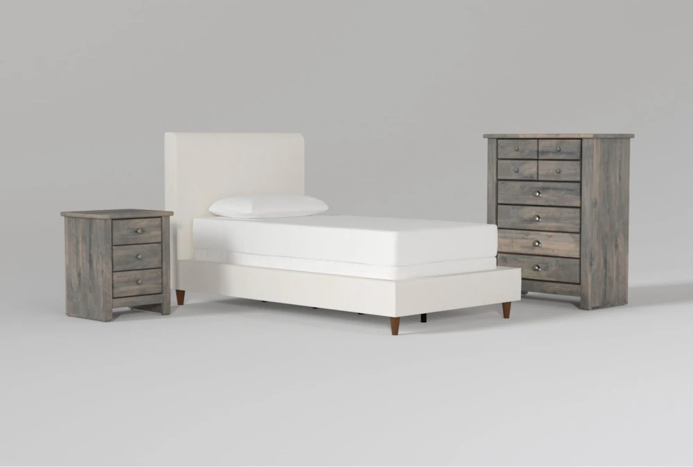 Dean Sand Twin Upholstered Panel 3 Piece Bedroom Set With Summit Grey II Chest Of Drawers & Nightstand