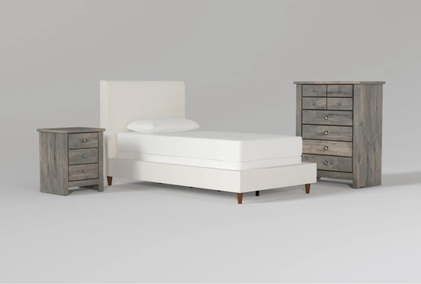 Dean Sand Twin Upholstered Panel 3 Piece Bedroom Set With Summit Grey II Chest Of Drawers & Nightstand - 360